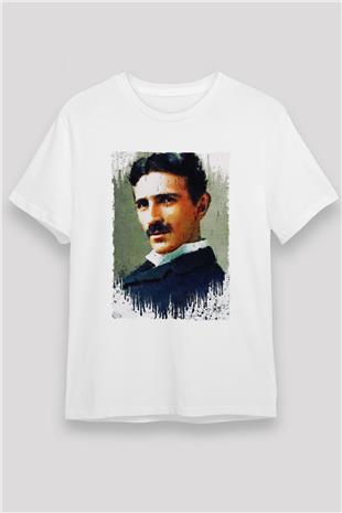 Nikola Tesla Renkli Portre Baskılı Unisex Beyaz Tişört - Tshirt