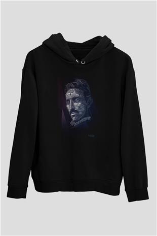 Nikola Tesla Tipografi Baskılı Unisex Siyah Kapüşonlu Sweatshirt