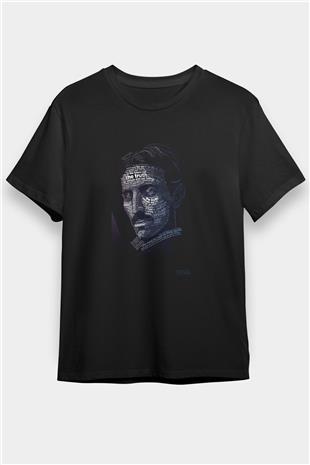 Nikola Tesla Tipografi Baskılı Unisex Siyah Tişört - Tshirt