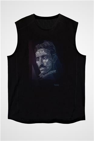 Nikola Tesla Tipografi Baskılı Unisex Kolsuz Siyah Tişört - Tshirt