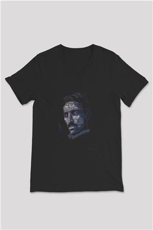 Nikola Tesla Tipografi Baskılı Unisex V Yaka Siyah Tİşört - Tshirt