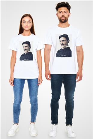 Nikola Tesla Yazılı Portre Baskılı Unisex Beyaz Tişört - Tshirt