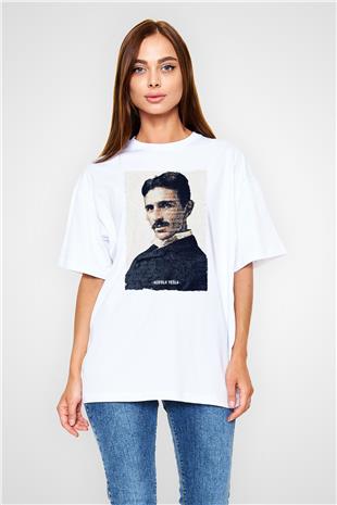 Nikola Tesla Yazılı Portre Baskılı Unisex Oversize Beyaz Tişört - Tshirt