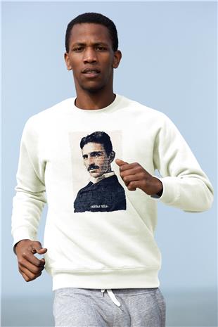 Nikola Tesla Yazılı Portre Baskılı Unisex Ekru Sweatshirt