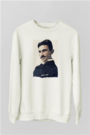 Nikola Tesla Yazılı Portre Baskılı Unisex Ekru Sweatshirt