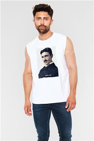 Nikola Tesla Yazılı Portre Baskılı Unisex Kolsuz Beyaz Tişört - Tshirt