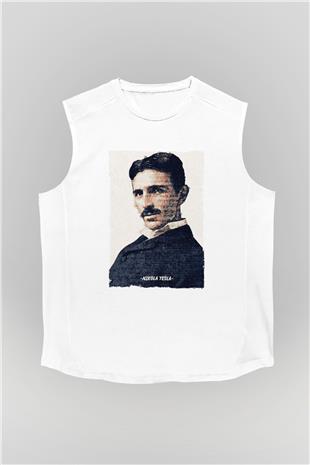 Nikola Tesla Yazılı Portre Baskılı Unisex Kolsuz Beyaz Tişört - Tshirt