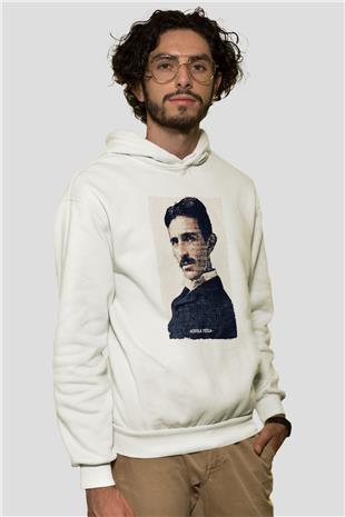 Nikola Tesla Yazılı Portre Baskılı Unisex Ekru Hoodie