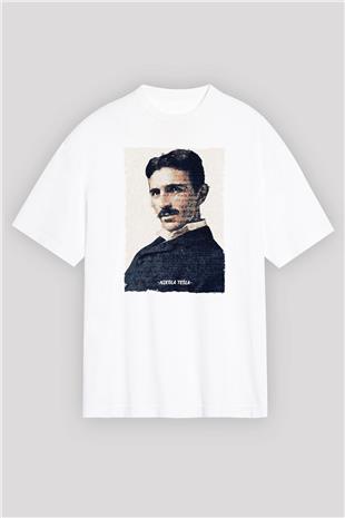 Nikola Tesla Yazılı Portre Baskılı Unisex Oversize Beyaz Tişört - Tshirt