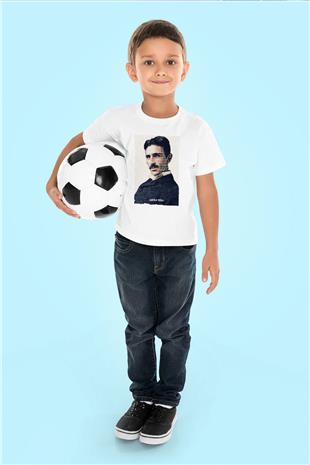 Nikola Tesla Yazılı Portre Baskılı Unisex Beyaz Çocuk Tişörtü - Tshirt