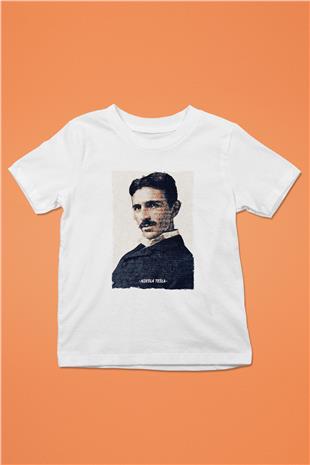 Nikola Tesla Yazılı Portre Baskılı Unisex Beyaz Çocuk Tişörtü - Tshirt