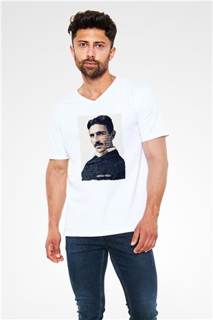 Nikola Tesla Yazılı Portre Baskılı Unisex V Yaka Beyaz Tişört - Tshirt