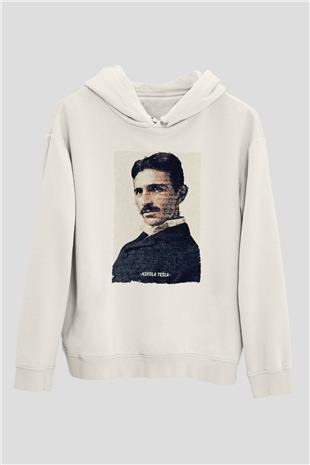 Nikola Tesla Yazılı Portre Baskılı Unisex Ekru Hoodie