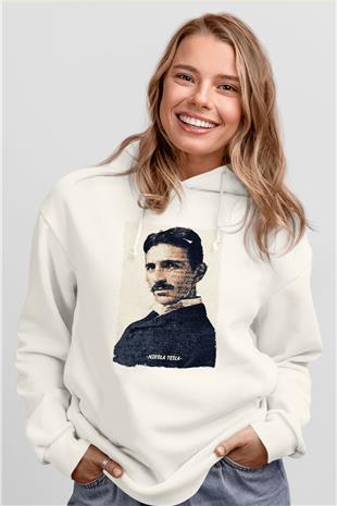 Nikola Tesla Yazılı Portre Baskılı Unisex Ekru Hoodie