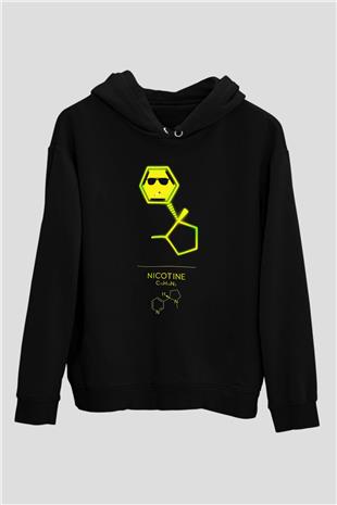 Nikotin Baskılı Unisex Siyah Kapüşonlu Sweatshirt