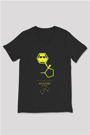 Nikotin Baskılı Unisex V Yaka Siyah Tİşört - Tshirt