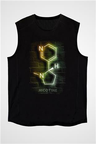 Nikotin Molekülü Baskılı Unisex Kolsuz Siyah Tişört - Tshirt