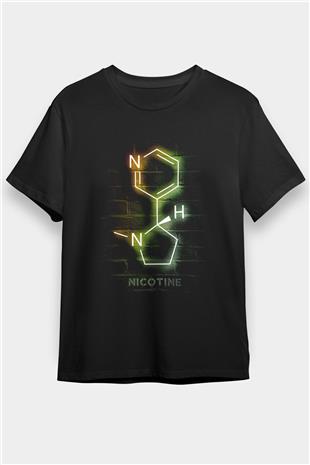 Nikotin Molekülü Baskılı Unisex Siyah Tişört - Tshirt