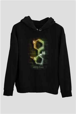 Nikotin Molekülü Baskılı Unisex Siyah Kapüşonlu Sweatshirt