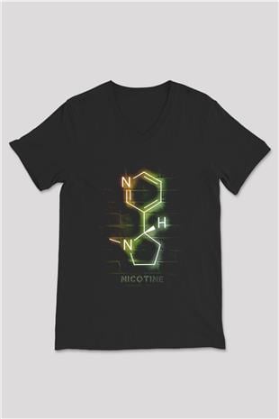 Nikotin Molekülü Baskılı Unisex V Yaka Siyah Tİşört - Tshirt