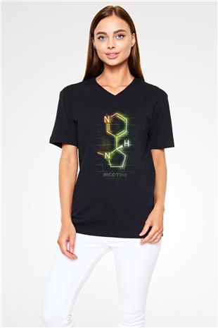 Nikotin Molekülü Baskılı Unisex V Yaka Siyah Tİşört - Tshirt