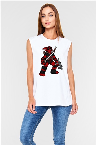 Ninja Deadpool Baskılı Beyaz Unisex Kolsuz Tişört
