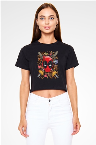 Ninja Deadpool Baskılı  Siyah  Crop Top Tişört