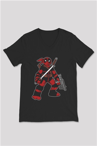 Ninja Deadpool Baskılı Siyah Unisex V Yaka Tişört
