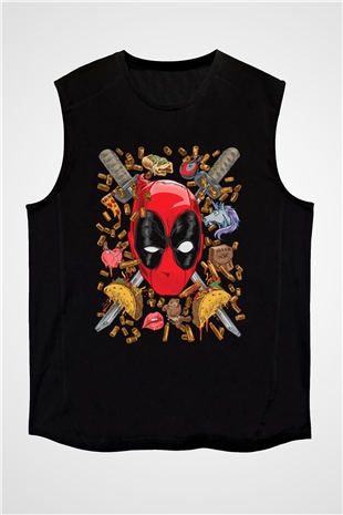 Ninja Deadpool Baskılı Unisex Siyah  Kolsuz Tişört
