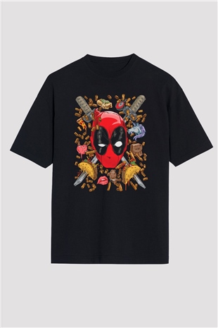 Ninja Deadpool Baskılı Oversize Siyah Tişört