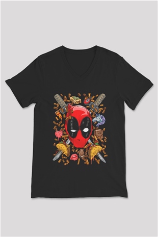 Ninja Deadpool Baskılı Unisex Siyah  V Yaka Tişört