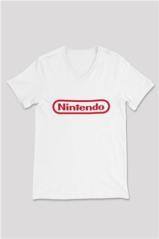 Nintendo Beyaz Unisex V Yaka Tişört T-Shirt