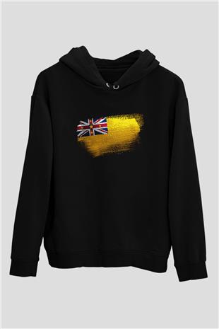 Niue Bayrağı Baskılı Unisex Siyah Kapüşonlu Sweatshirt