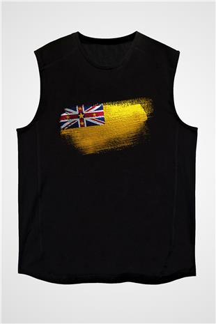 Niue Bayrağı Baskılı Unisex Siyah Kolsuz Tişört