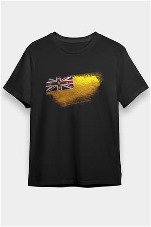 Niue Bayrağı Baskılı Unisex Siyah Tişört