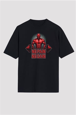 No Pain No Gain Baskılı Oversize Siyah Tişört