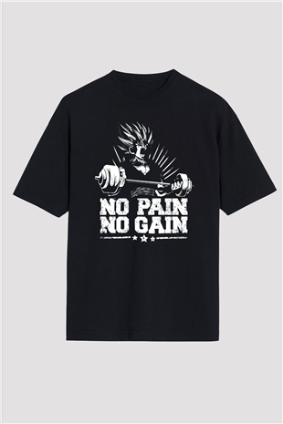 No Pain No Gain Baskılı Oversize Siyah Tişört
