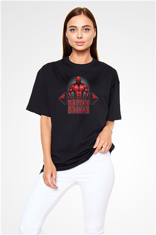 No Pain No Gain Baskılı Oversize Siyah Tişört
