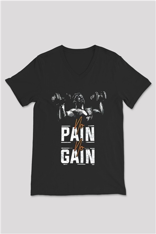 No pain No gain Baskılı Unisex Siyah  V Yaka Tişört