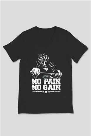 No Pain No Gain Baskılı Unisex Siyah  V Yaka Tişört