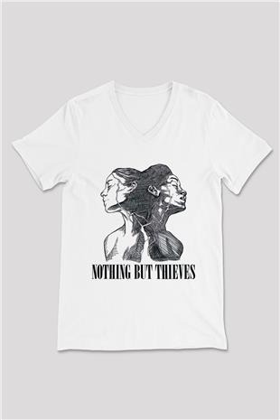 Nocturnal Depression Baskılı Beyaz Unisex V Yaka Tişört - Tshirt