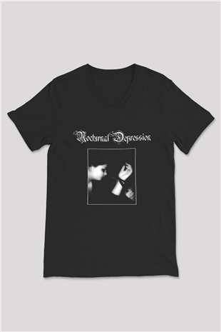 Nocturnal Depression Baskılı Unisex Siyah V Yaka Tişört - Tshirt