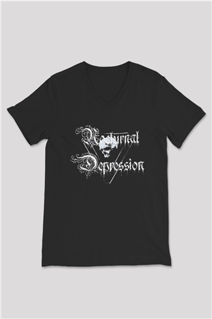 Nocturnal Depression Baskılı Unisex Siyah V Yaka Tişört - Tshirt