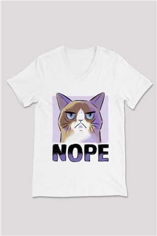 Nope Baskılı Unisex Beyaz  V Yaka Tişört