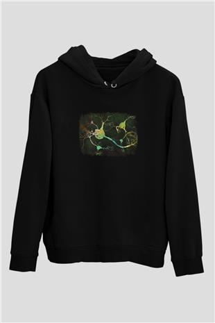 Nöronlar Baskılı Unisex Siyah Kapüşonlu Sweatshirt