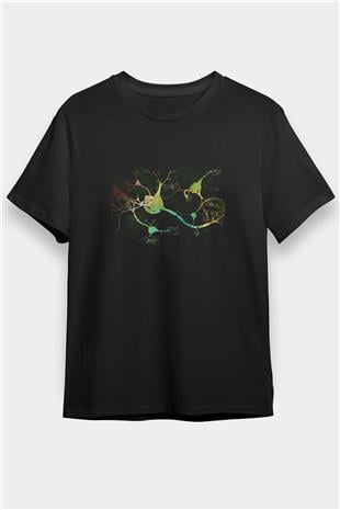 Nöronlar Baskılı Unisex Siyah Tişört - Tshirt