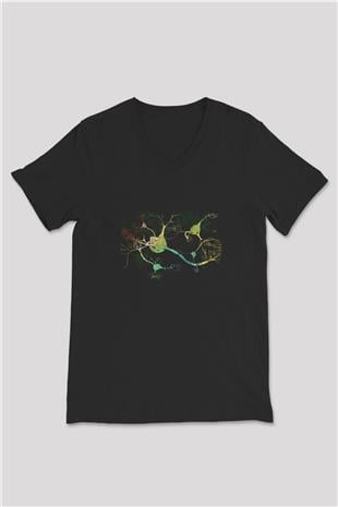 Nöronlar Baskılı Unisex V Yaka Siyah Tİşört - Tshirt