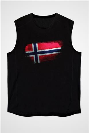 Norveç - Norway Bayrağı Baskılı Unisex Siyah Kolsuz Tişört