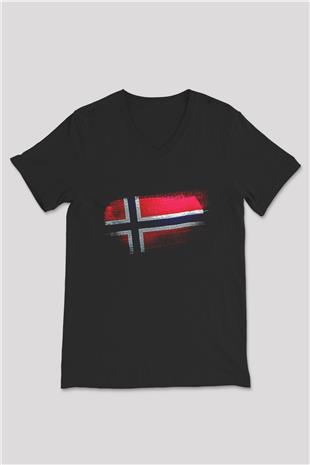 Norveç - Norway Bayrağı Baskılı Unisex Siyah V Yaka Tişört