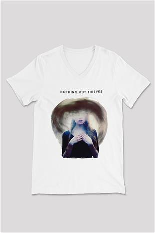 Nothing But Thieves Baskılı Beyaz Unisex V Yaka Tişört - Tshirt